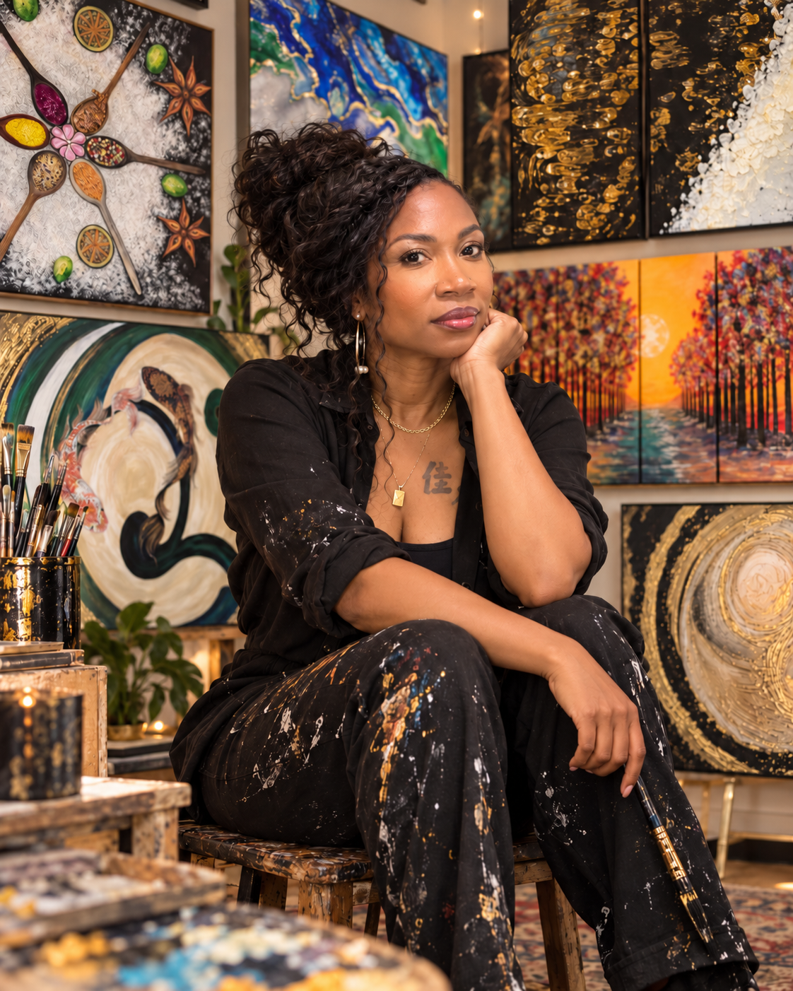 Phizzics Davis in her studio, surrounded by original artwork