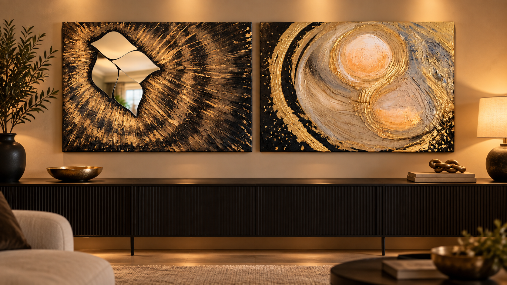 The Reflection Between Us — two separate companion canvases displayed together on a wall with a visible gap